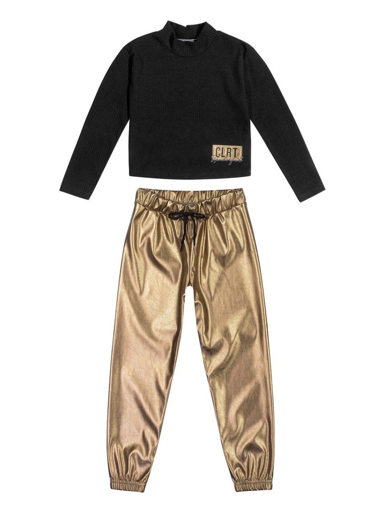Conjunto Blusa Canelada e Calça Dourada para Menina
