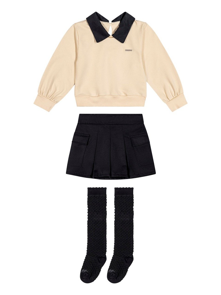 Conjunto Blusão Gola Boneca e Saia Plissada para Menina