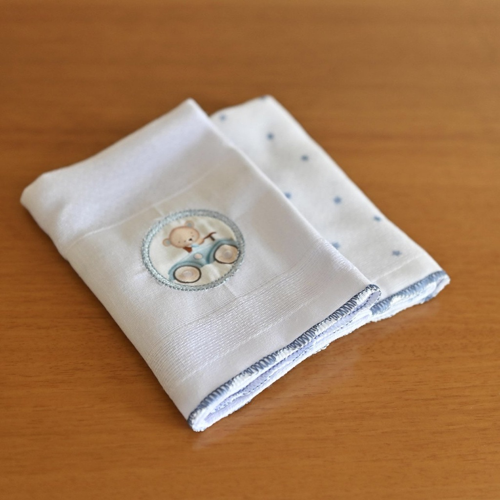 Pano de Boca Luxo Bublim Sonhos Estampado/liso C/bordado e Festone 04 Lados 34cmx40cm PCT c/02un //urso Carrinho 58055533 Baby Joy Estampado 1