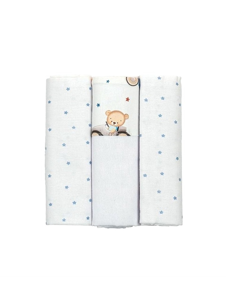 Cueiro Flanelado Bublim Sonhos 80x80cm 3un Bublim Urso no Carrinho