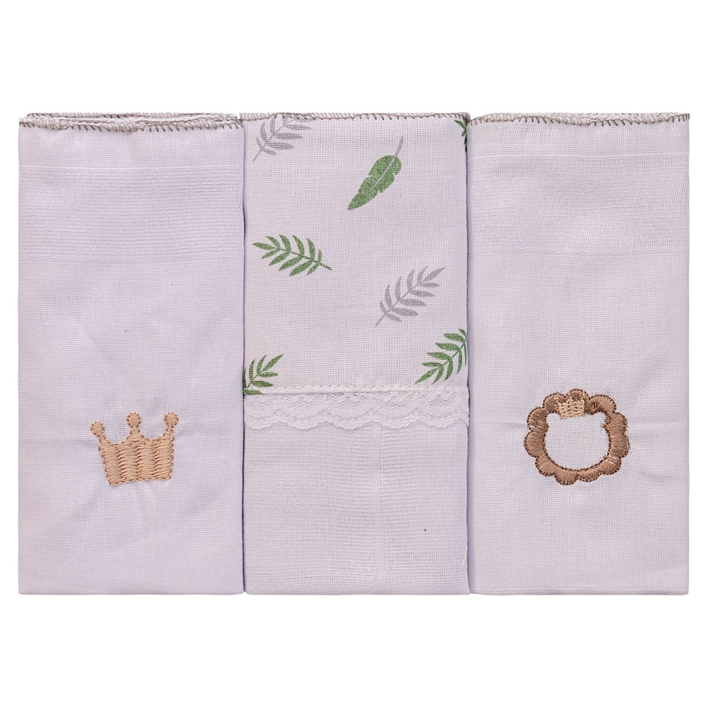 Fralda Luxo Bublim Branca Tinta Bordado Renda Festone 68x70cm 3un Rei Selva Cinza 321070f5 Bublim