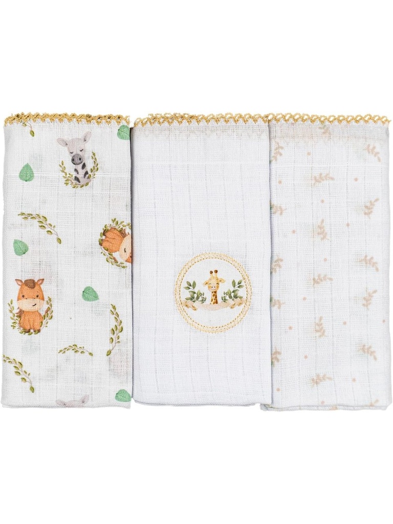 Fralda P/bebê Quadriculada Baby Joy Fabula Estampada/lisa C/bordado e Picueta 68cmx70cm PCT c/03un //safari 32119635 Baby Joy