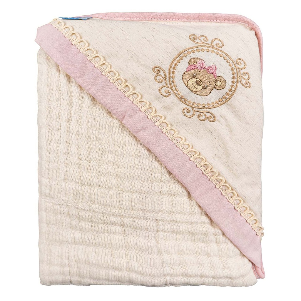 Toalha Soft C/capuz de Canto Bordado Baby Joy Essencia Lisa C/vira e Renda 80cmx80cm PCT c/01un //ursa Rosa 76130667 Baby Joy