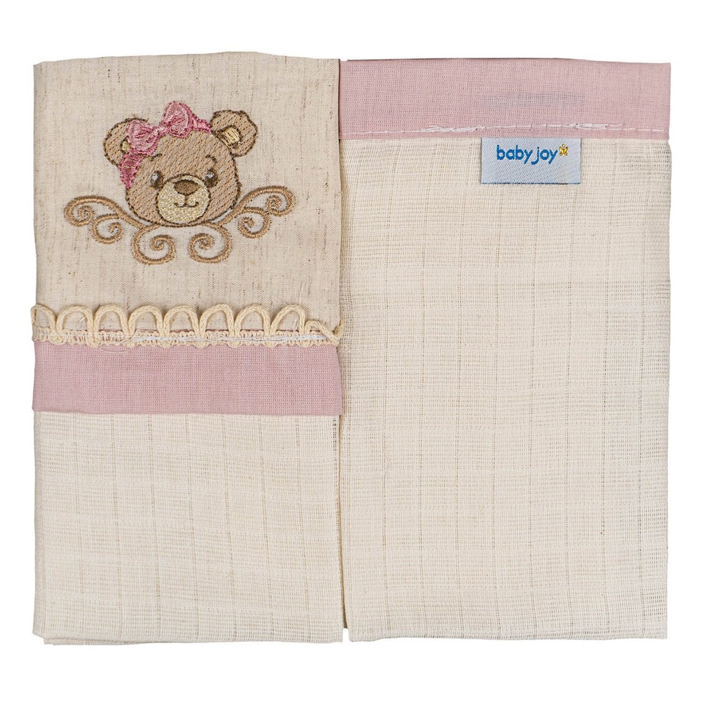 Pano de Boca Quadriculado Baby Joy Essencia Liso C/debrum e Vira Bordada C/renda 34cmx40cm PCT c/02un //ursa Rosa 58079667 Baby Joy