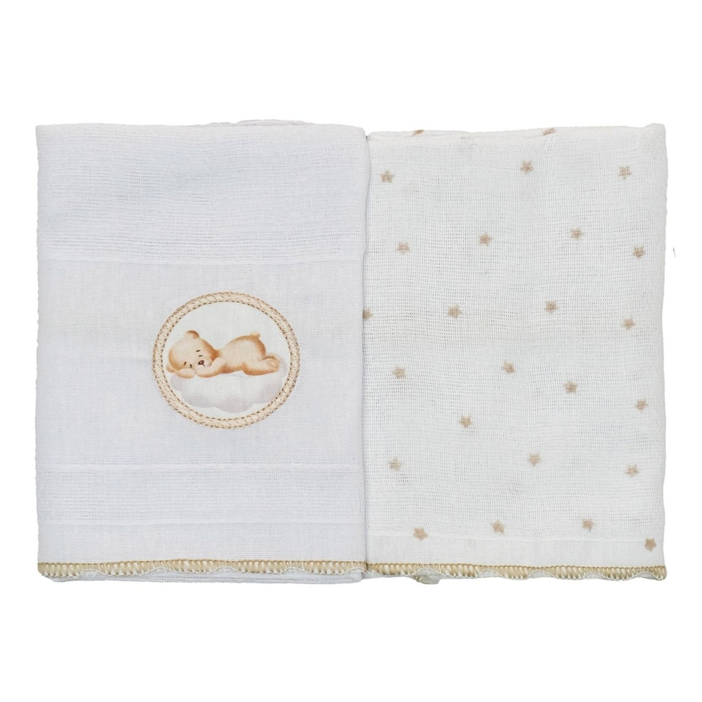 Pano de Boca Luxo Bublim Sonhos Estampado/liso C/bordado e Festone 04 Lados 34cmx40cm PCT c/02un //urso Nuvem 58055552 Baby Joy