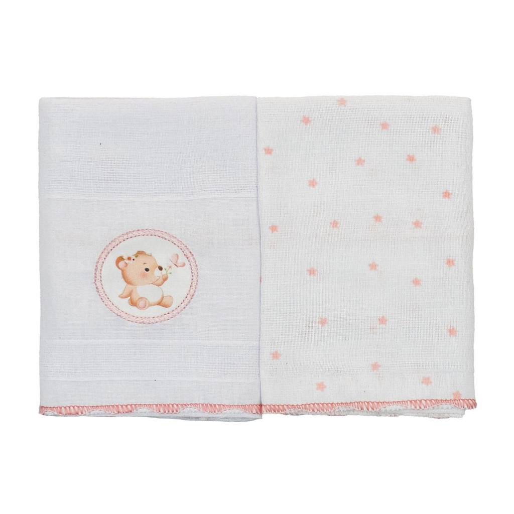 Pano de Boca Luxo Bublim Sonhos Estampado/liso C/bordado e Festone 04 Lados 34cmx40cm PCT c/02un //ursa Jardim 58055551 Baby Joy