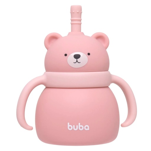 Copo de Silicone com Canudo Ursinho Buba Rosa