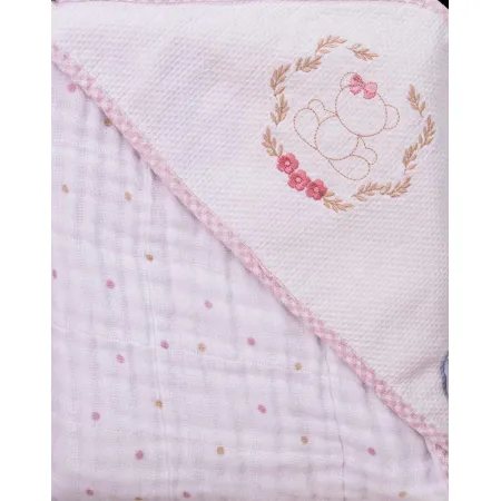 Toalha Soft com Capuz Bordado Ursa Rosa Baby Joy