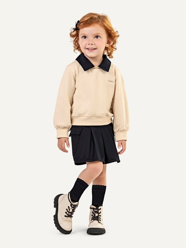 Conjunto Blusão Gola Boneca e Saia Plissada para Menina