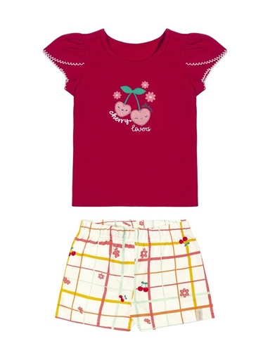 Conjunto Cerejas com Short Xadrez para Menina