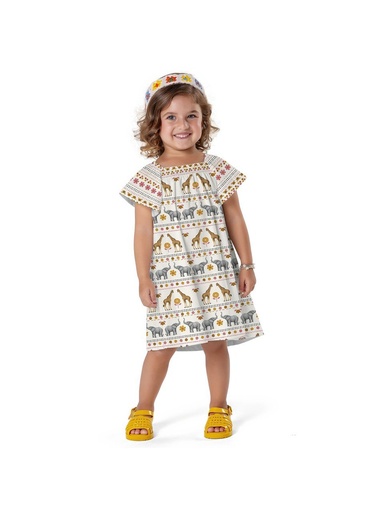 Vestido de Algodão com Girafas e Elefantes