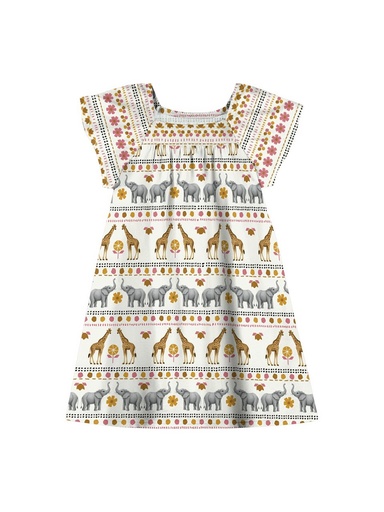 Vestido de Algodão com Girafas e Elefantes