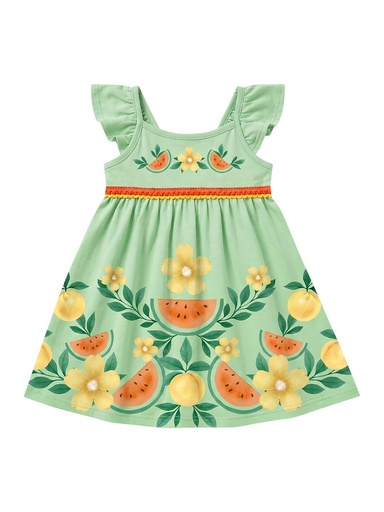 Vestido de Algodão com Frutas e Flores